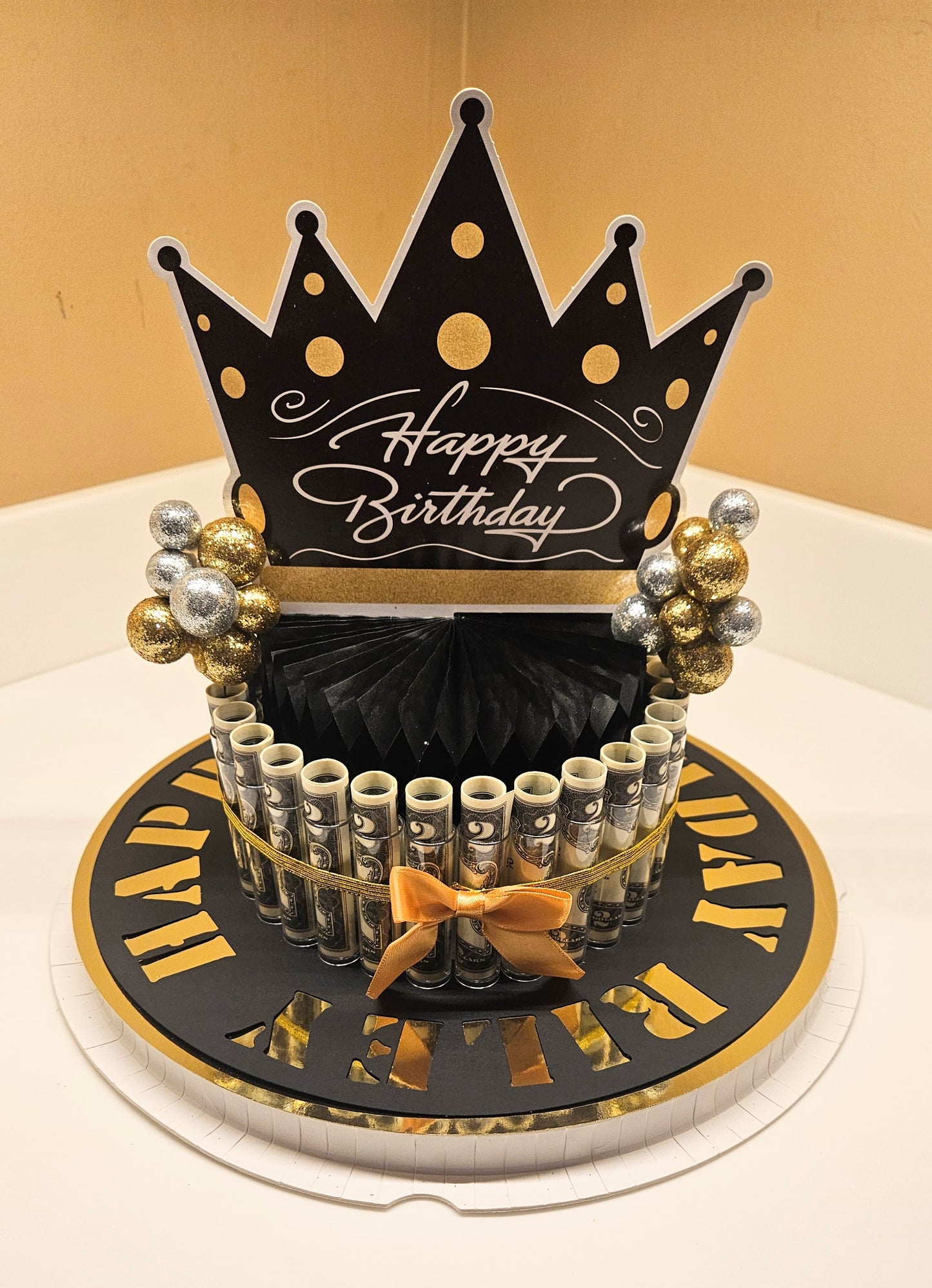 Black and Gold Money Cake Personalized With Recipient's Name