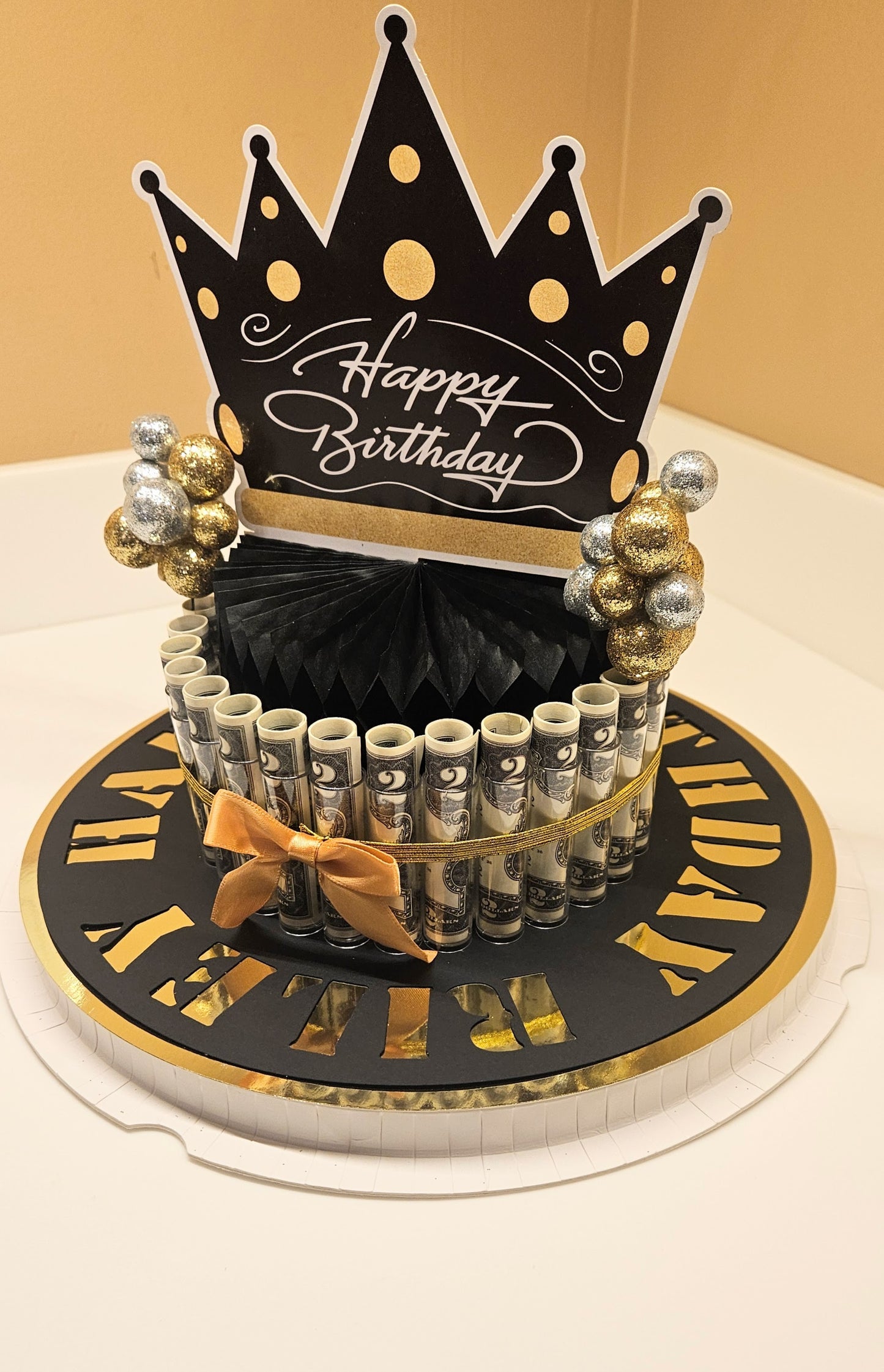 Black and Gold Money Cake Personalized With Recipient's Name