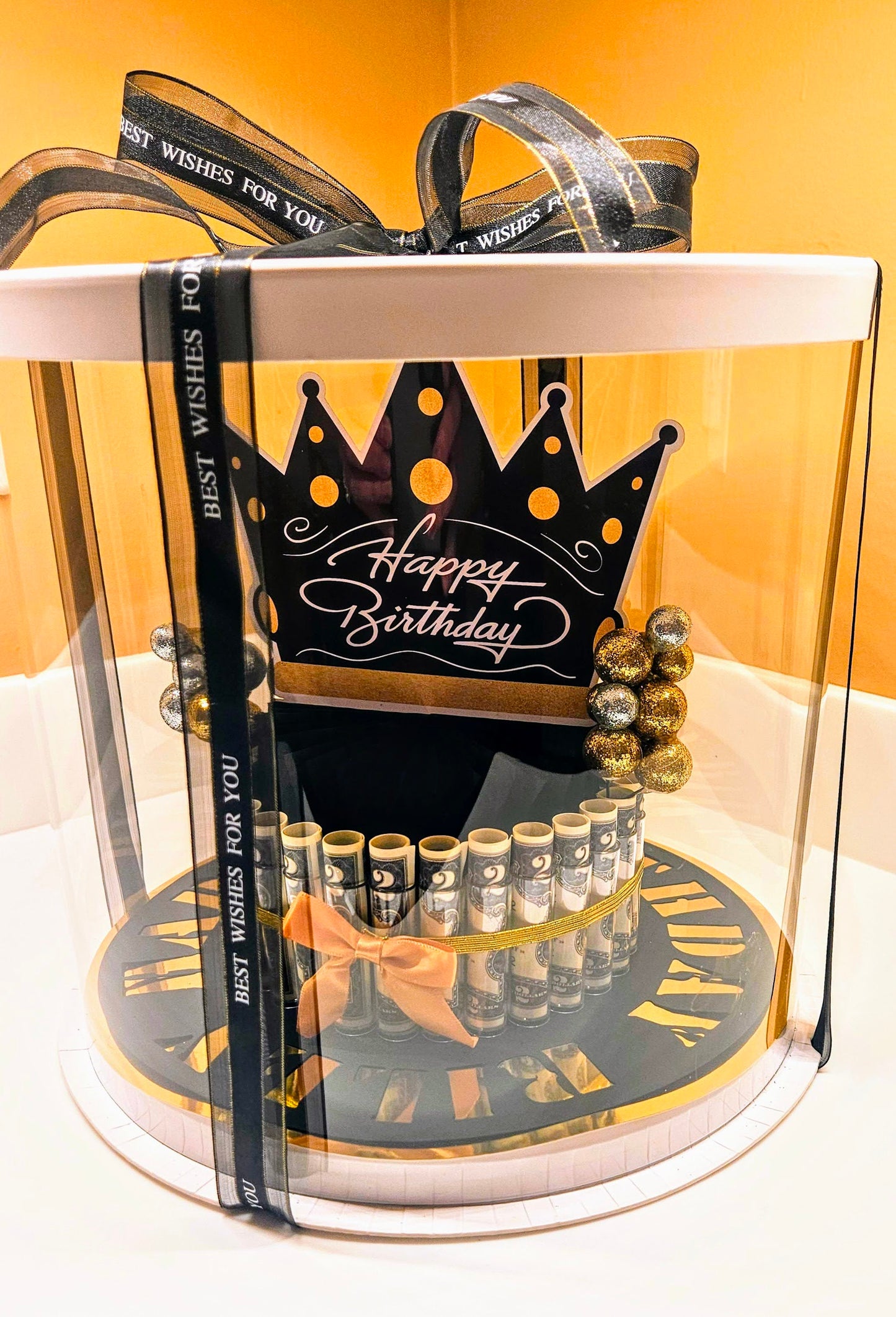 Black and Gold Money Cake Personalized With Recipient's Name