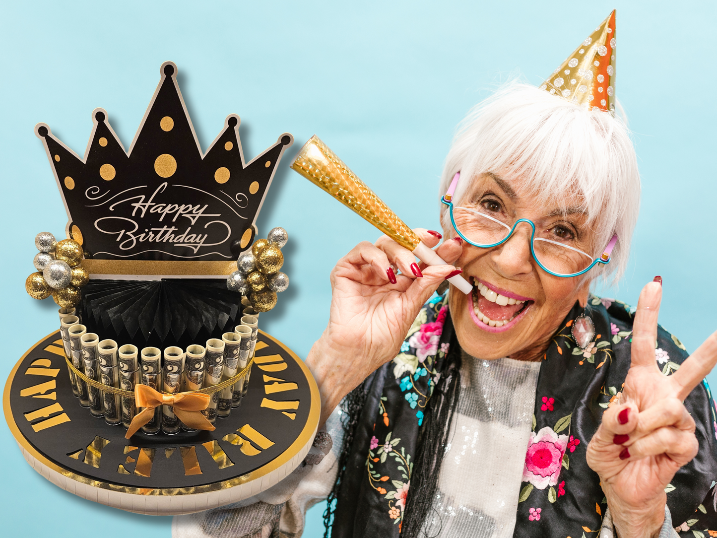 Black and Gold Money Cake Personalized With Recipient's Name