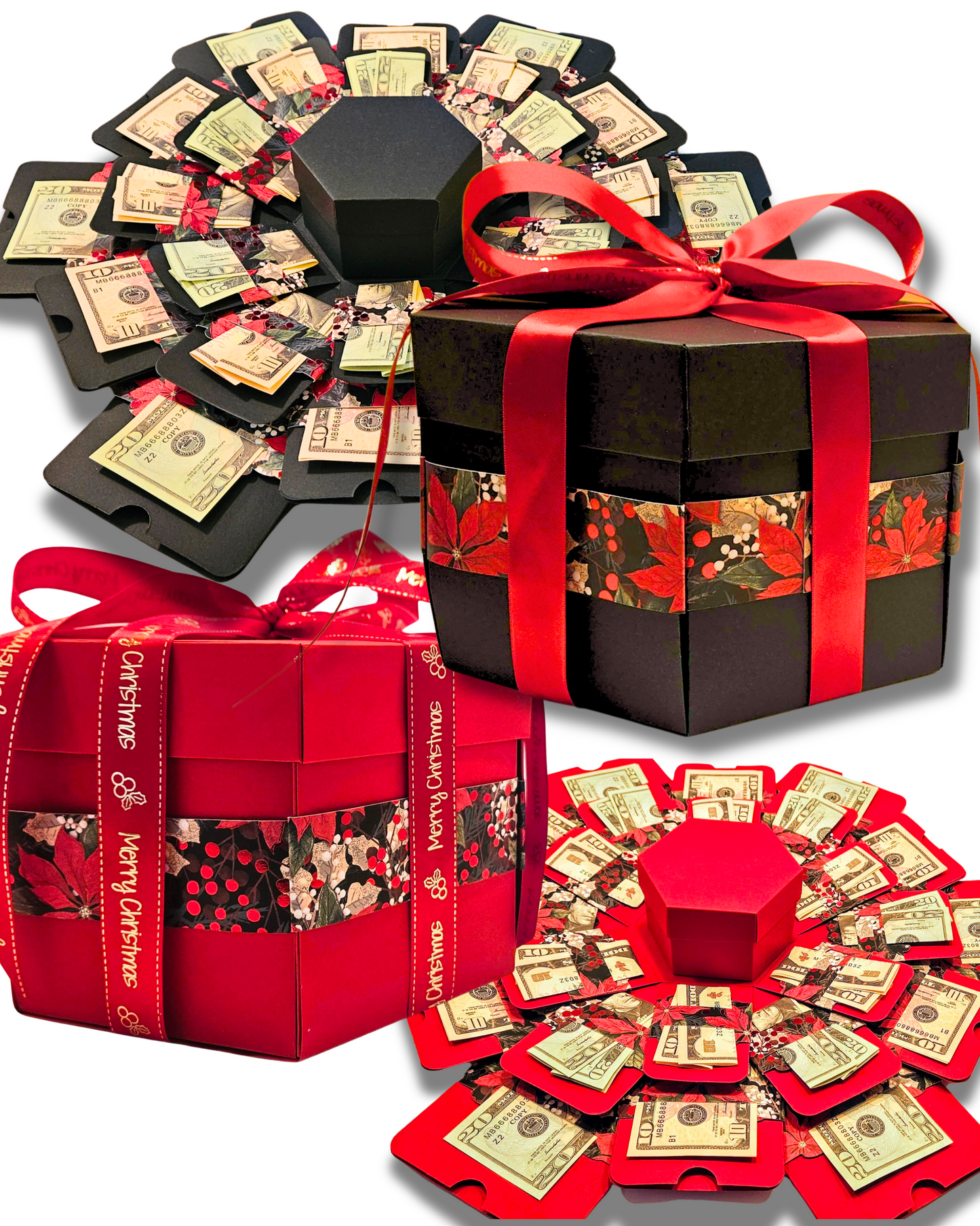 Christmas Explosion Money Gift Box in Red or Black by Spendable Arrangements